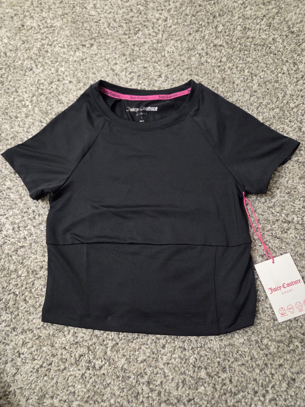 Juicy Couture Black Short Sleeve Athletic Crop Top with Pink Trim